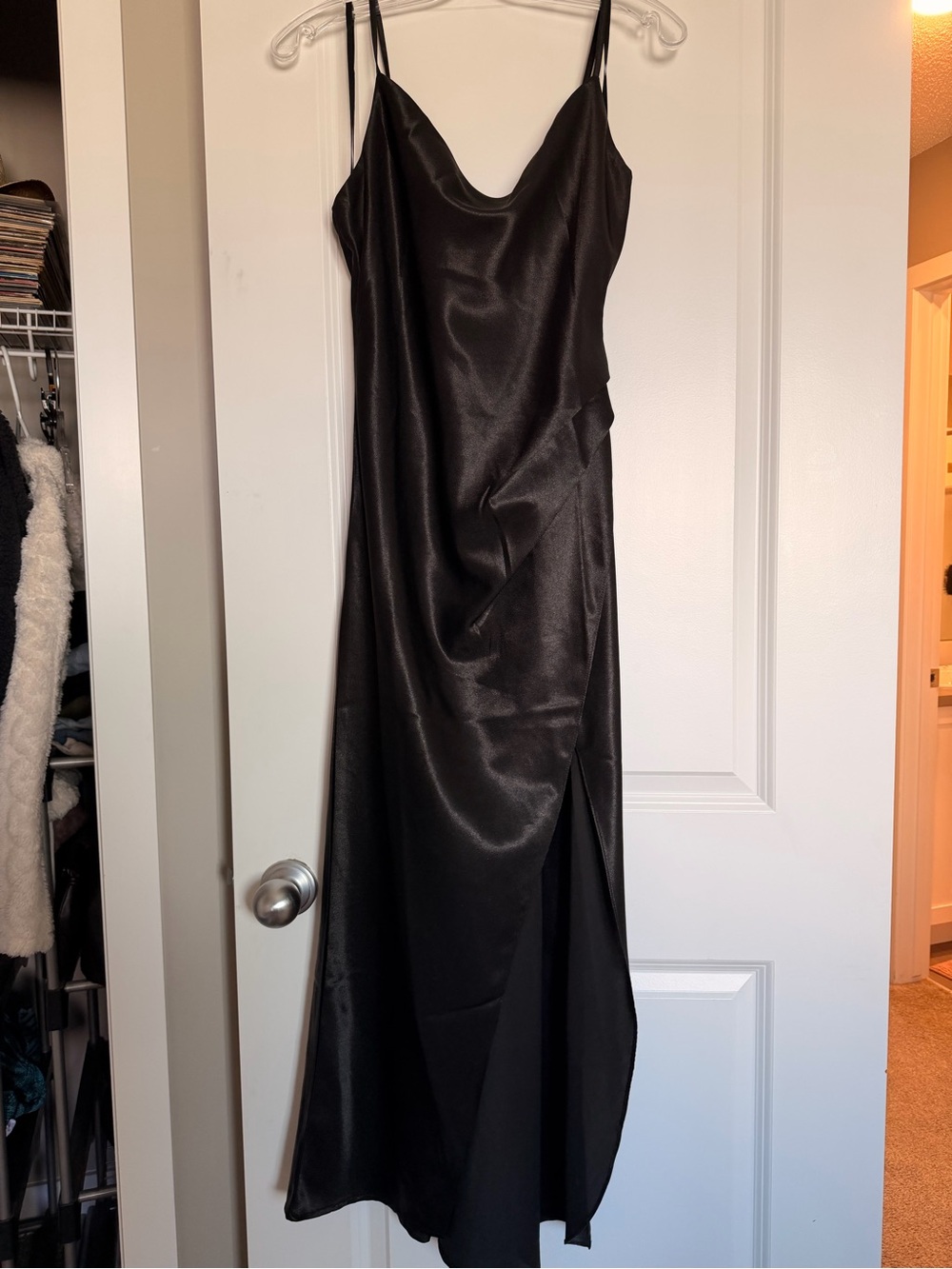 Black Satin Slip Dress with Cowl Neck